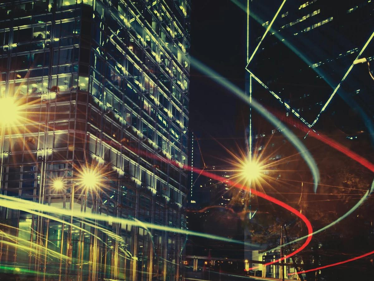 City financial district illuminated at night